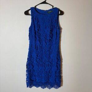 Lauren Ralph Lauren Cobalt Blue Lace Overlay Sleeveless Cocktail‎ Dress Size 6